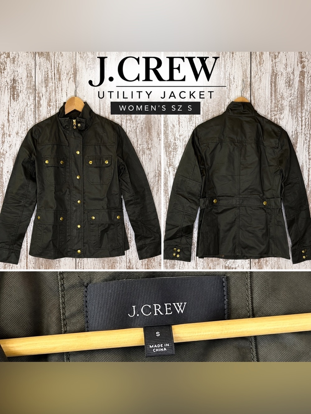 J.Crew Utility Field Jacket Women’s Size Small Olive Green Brass Snap Pockets